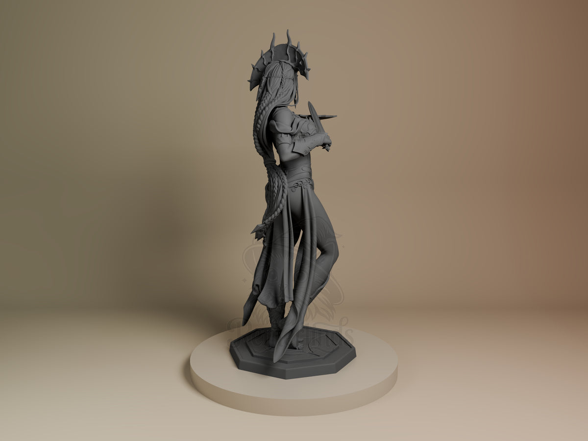 Shar resin figure from Baldur's Gate shown from back, displaying spiked armor and flowing robes on circular base, unpainted gray detail.