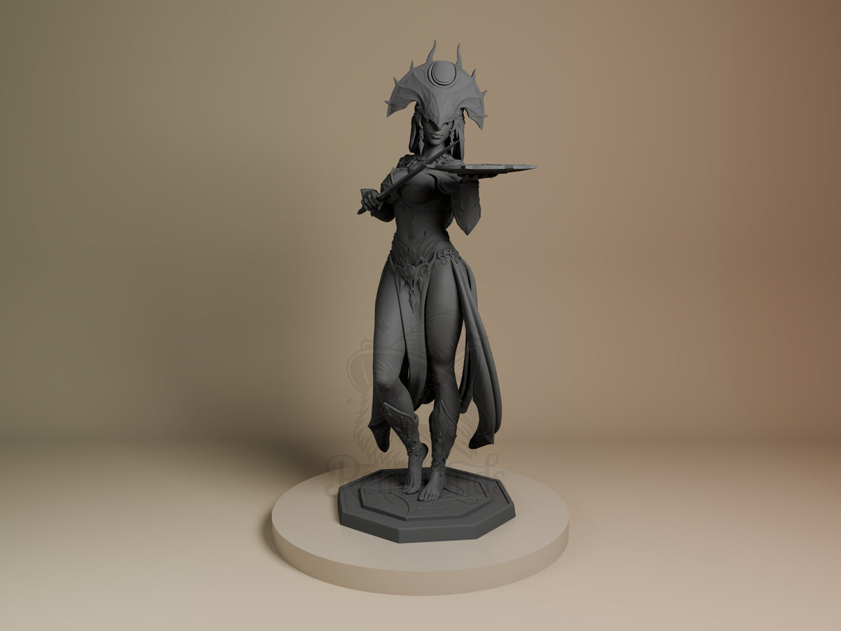 Shar resin figure from Baldur's Gate standing in front pose with extended arm, unpainted gray finish, mounted on hexagonal base.