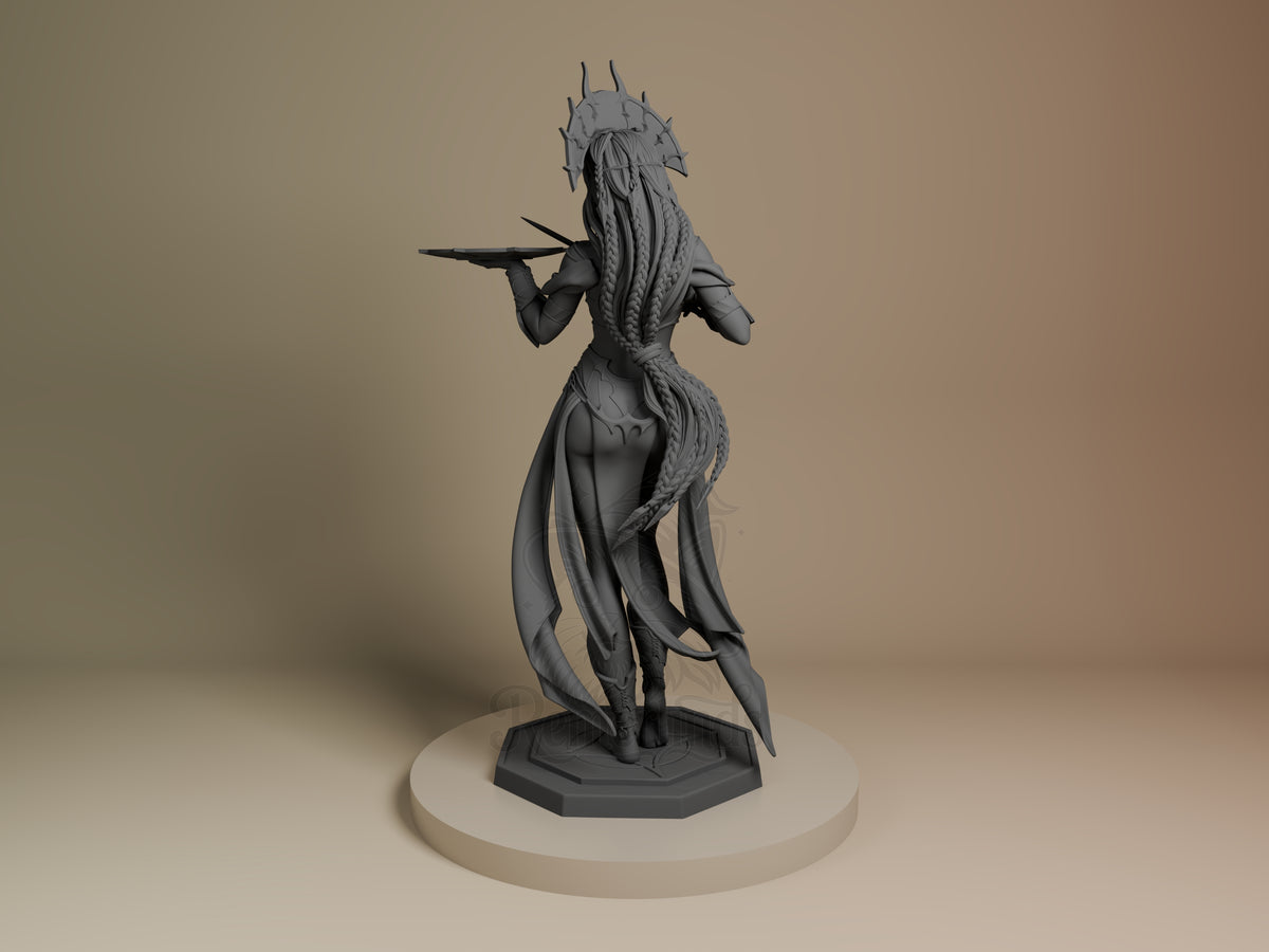 Shar resin figure from Baldur's Gate shown from side view, unpainted gray, holding staff, flowing robes, spiked crown, on hexagonal base.