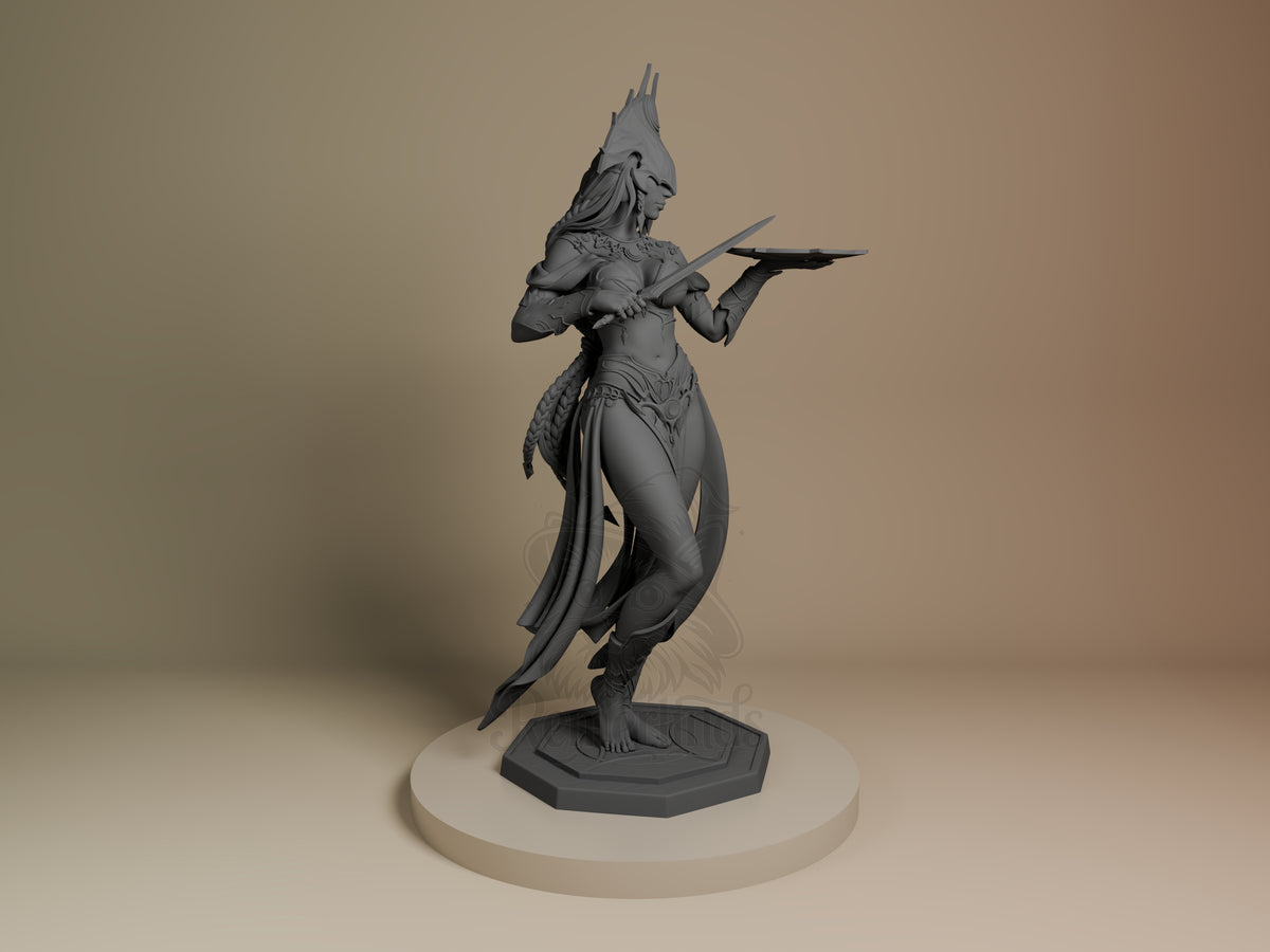 Shar resin figure from Baldur's Gate shown from the right side in dynamic pose, holding a weapon, unpainted grey on octagonal base.