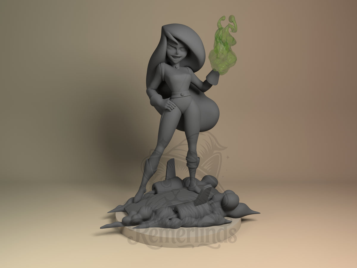 She-Glow Spy High Adventures 3D printed resin figure by Nomnom, unpainted front view. The figure depicts She-Glow standing confidently atop a detailed base resembling defeated enemies or debris. She poses with one hand on her hip and the other raised, generating a translucent green flame effect. Her hair is large and sweeping, complementing the sleek, form-fitting suit and heroic dynamic stance.