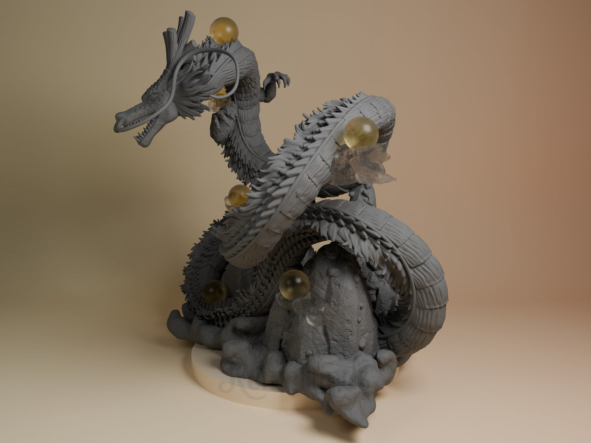 Golden Sky Serpent multi-headed dragon resin figure coiled around rocky base with golden sphere accents, shown from angled side view.