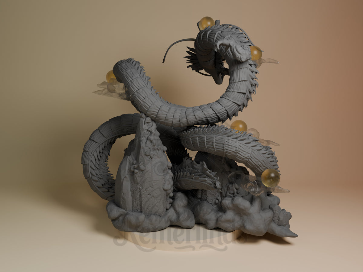 Golden Sky Serpent resin figure shown from back, displaying three curved heads with golden orbs, gray textured bodies, and cloudy base, unpainted.