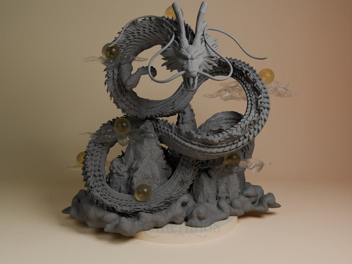 Golden Sky Serpent resin figure coiled upright with golden orbs, detailed scales and horns, unpainted gray finish, cloudy base, front view.