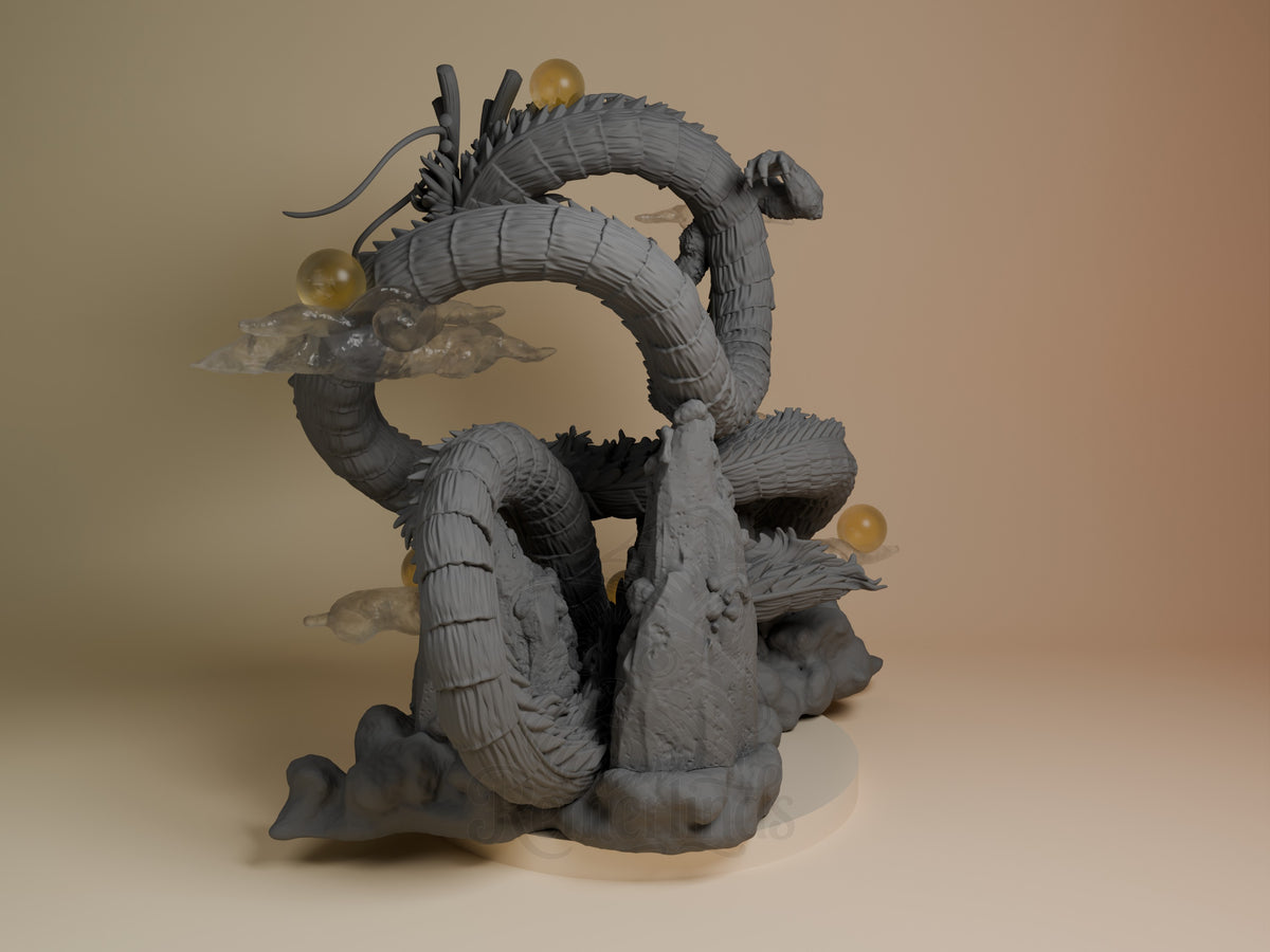 Golden Sky Serpent resin figure from Dragon Sphere Y, shown from left angle with coiled body, golden orbs, and rocky base on neutral background.