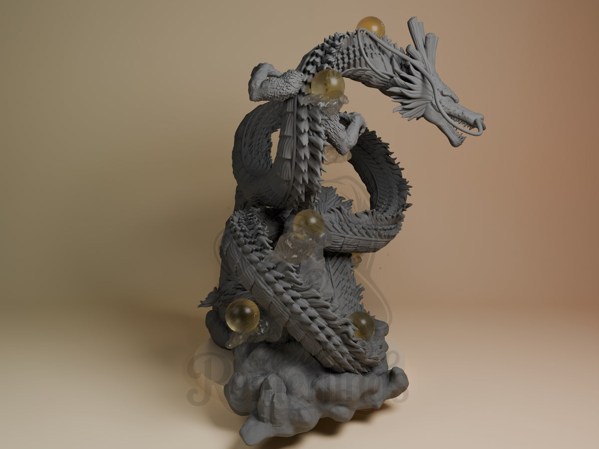 Golden Sky Serpent resin figure shown from right angle, coiled upright with head raised, featuring painted black scales and golden spheres, gray unpainted base.