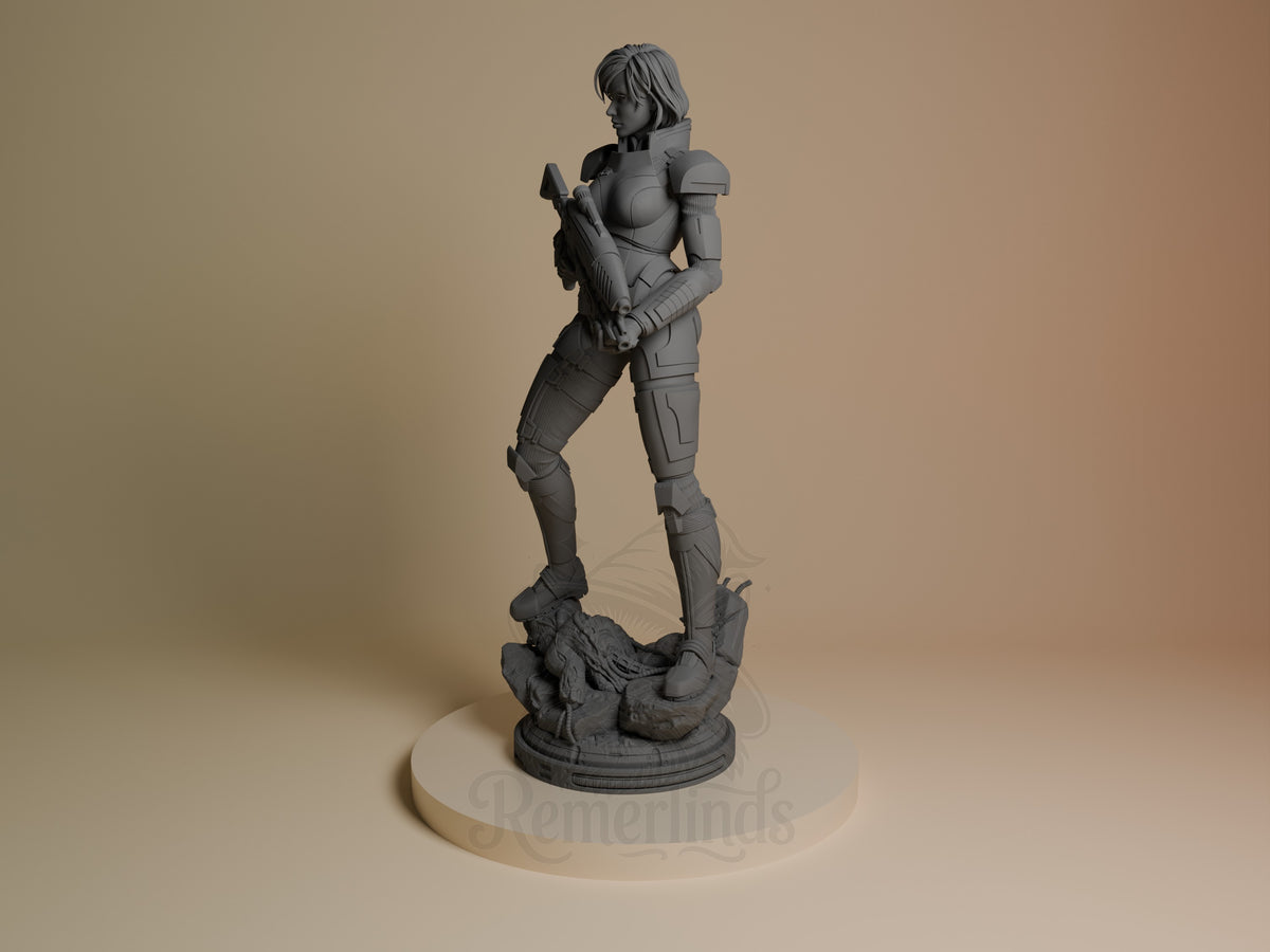 Shepard from Mass Effect is an unpainted resin figure, angled with a rifle on a sculpted base.