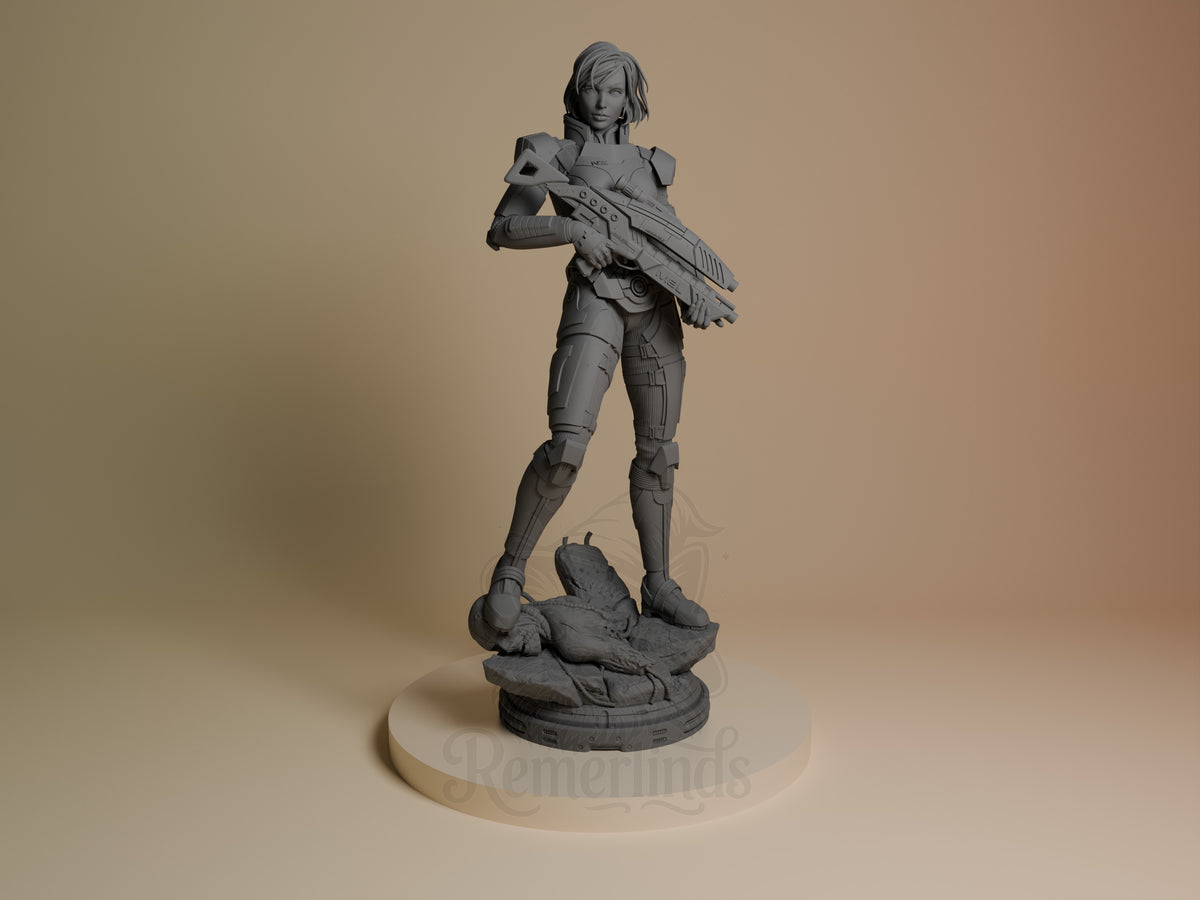 Front view of Shepard from Mass Effect, an unpainted resin figure holding rifle on sculpted base.