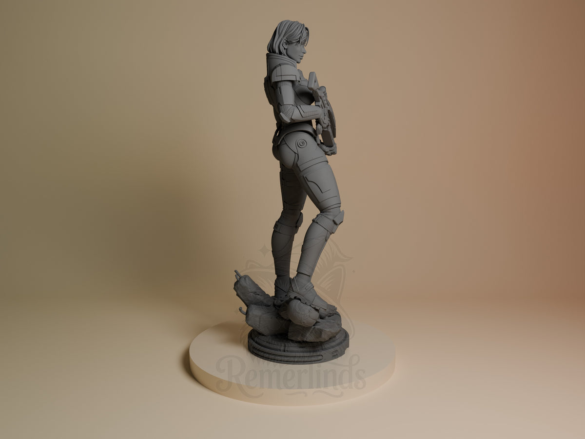 Shepard from Mass Effect stands in side profile, holding a rifle as an unpainted resin figure on a sculpted base.