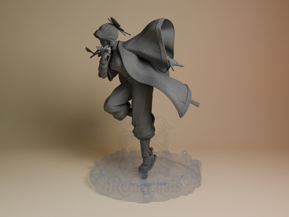 Shinobu Kocho resin figure in dynamic kicking pose, showing detailed painted clothing and flowing haori coat from multiple angles against neutral background.