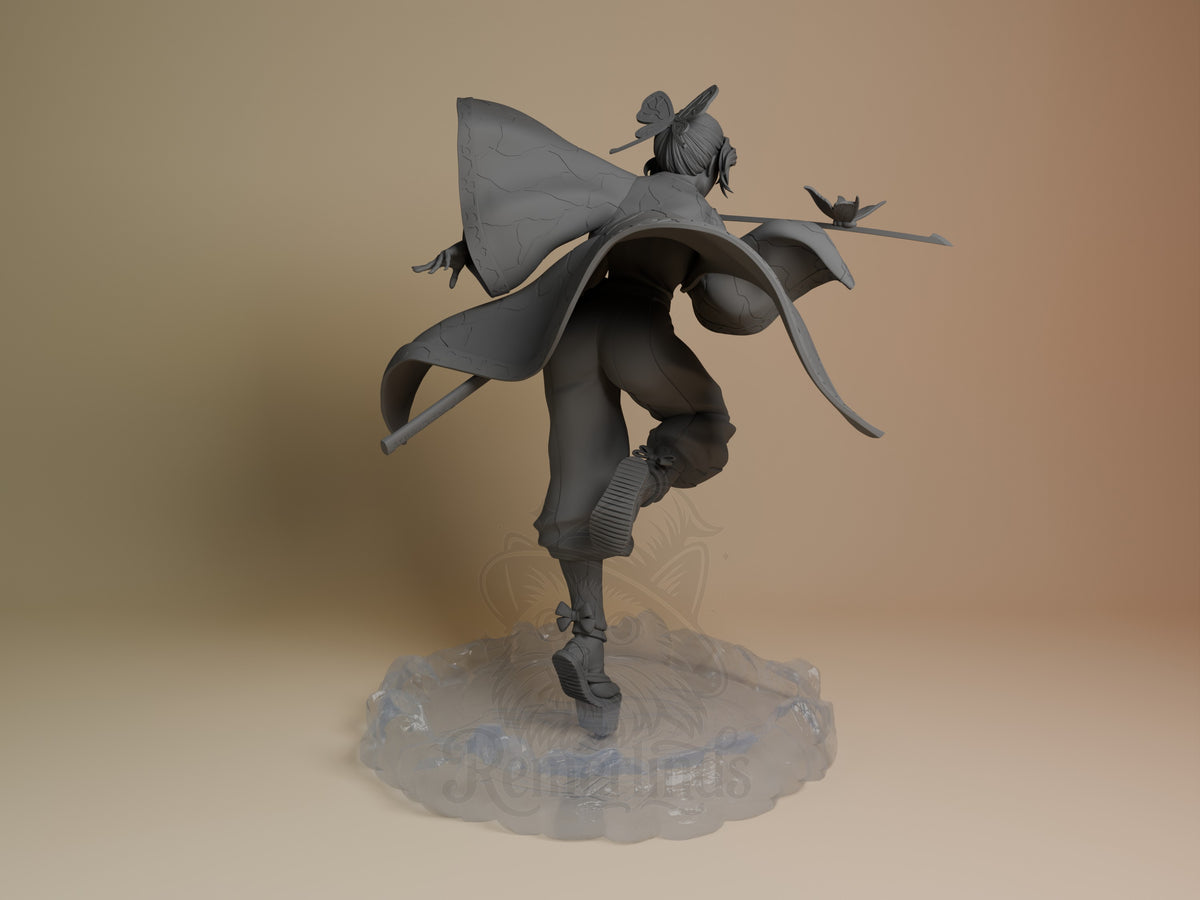 Shinobu Kocho resin figure from Demon Slayer shown from back, dynamic pose with flowing fabric, unpainted gray resin, decorative cloud base.