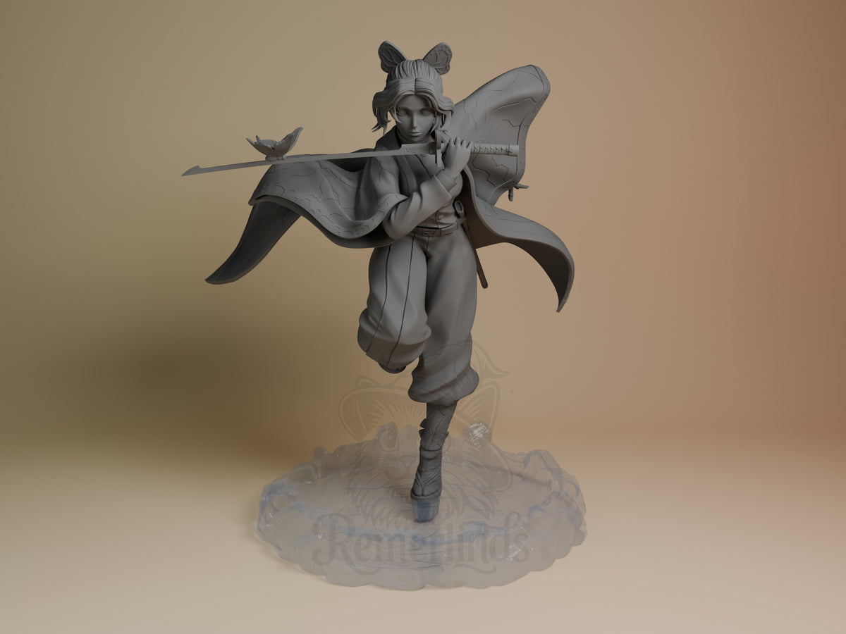 Shinobu Kocho resin figure from Demon Slayer in dynamic front pose with butterfly wings, sword, and flowing cape on cloud base, unpainted gray.