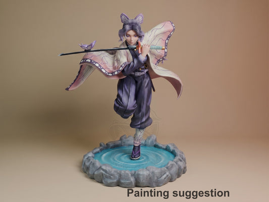 Shinobu Kocho resin figure in dynamic pose on circular water base, purple hair with butterfly motif, holding staff, painted with detailed costume and butterfly wings.