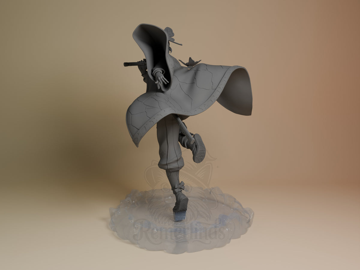 Shinobu Kocho resin figure in dynamic pose, left angle view, unpainted gray with detailed clothing folds and sword, translucent base.