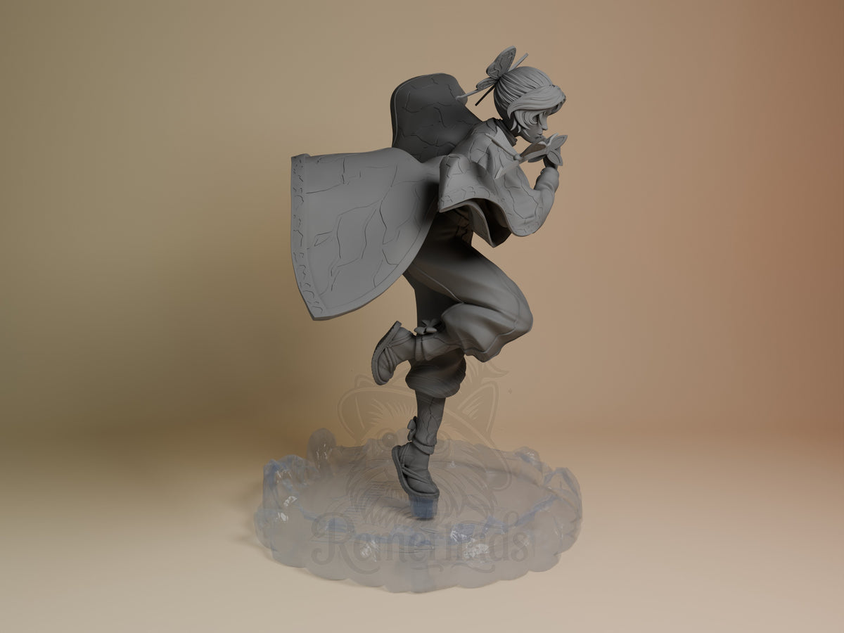 Shinobu Kocho resin figure in dynamic jumping pose with cape flowing, shown from right side angle on cloud base, unpainted gray finish.