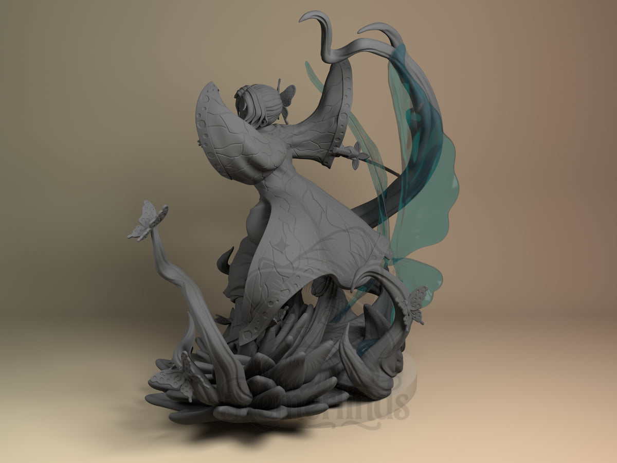 Angled, unpainted resin figure of Shinobu Kochou from Demon Slayer, with sword and butterfly base.