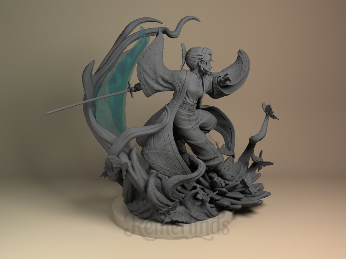 Shinobu Kochou from Demon Slayer is a right-side unpainted resin figure lunging with a sword on a sculpted base.
