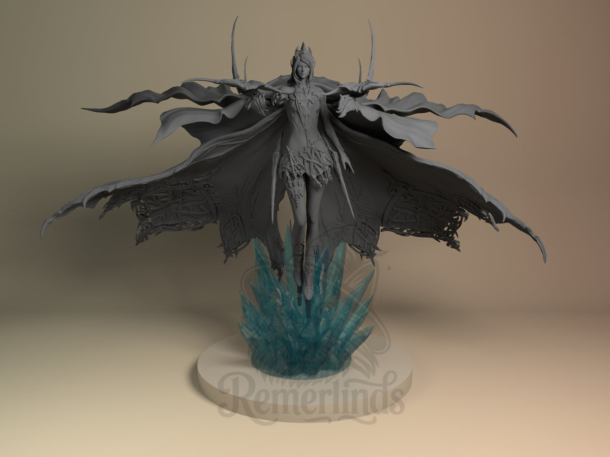 Shiva Final Fable 3D printed resin figure by Nomnom, unpainted front view. The figure depicts Shiva suspended in mid-air, projecting an elegant and commanding presence. She wears a highly detailed flowing cape that spreads wide and features ornate designs, complemented by a textured short dress and a decorative headpiece. The ice-like translucent base adds a dynamic element, enhancing the figure's ethereal composition.
