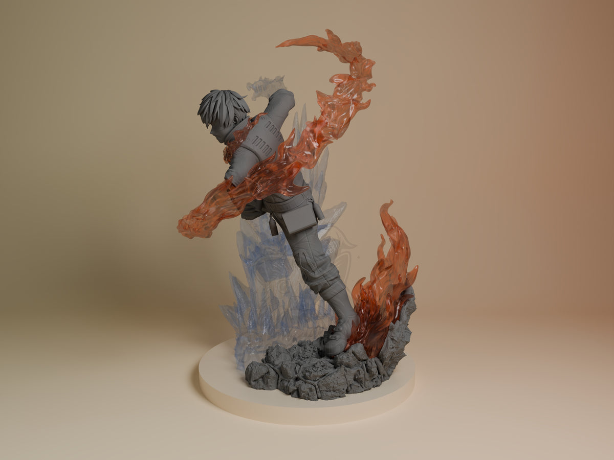 Angled Shoto Todoroki from My Hero Academia resin figure, unpainted on a rocky sculpted base.