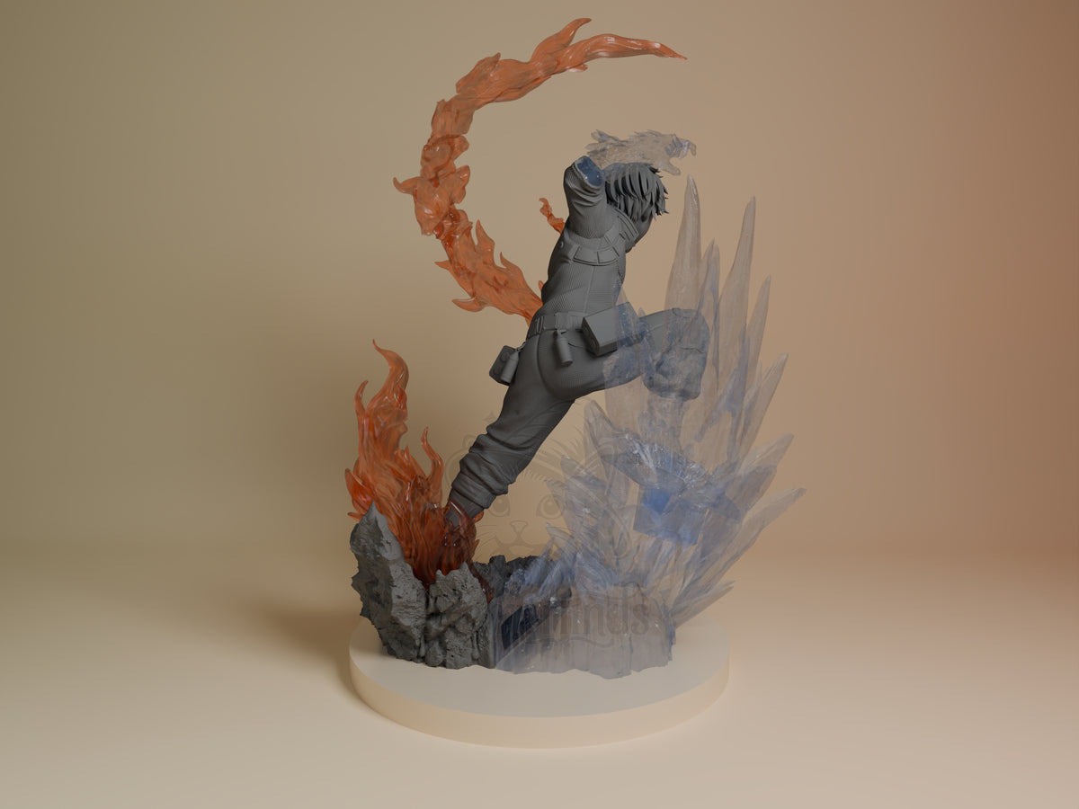 Rear view of Shoto Todoroki resin figure from My Hero Academia, unpainted with fire, ice, and sculpted base.