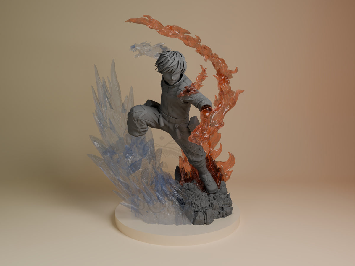 Front view of Shoto Todoroki from My Hero Academia, a resin figure posing on an ice-and-fire sculpted base.