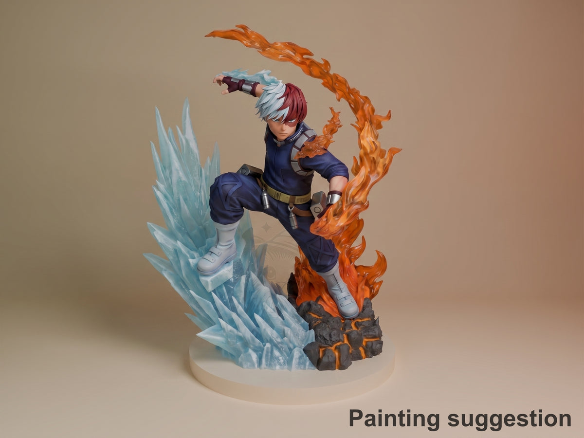 Painted Shoto Todoroki resin figure from My Hero Academia poses between ice spikes and flames on a sculpted base.