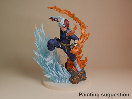 Shoto Todoroki resin figure in dynamic kick pose, split ice and fire effects, navy suit, two-tone hair, mounted on rocky base.