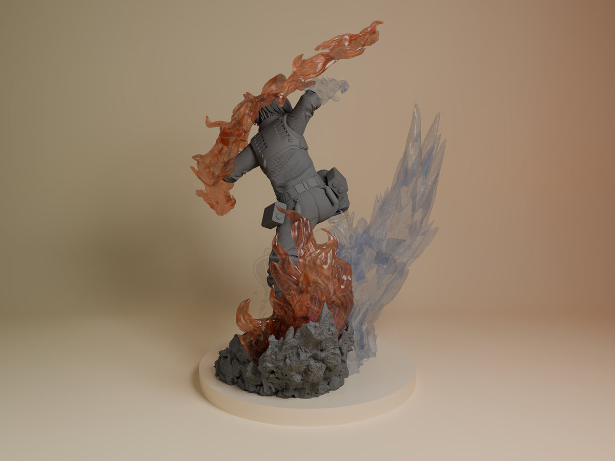 Shoto Todoroki from My Hero Academia poses dynamically on a sculpted base as a resin figure.