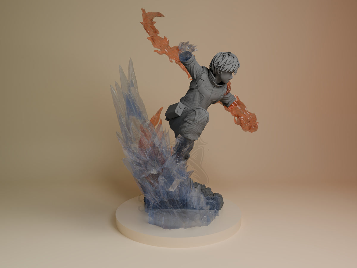 Shoto Todoroki from My Hero Academia resin figure is unpainted, right-facing with raised arms over an ice-fire base.
