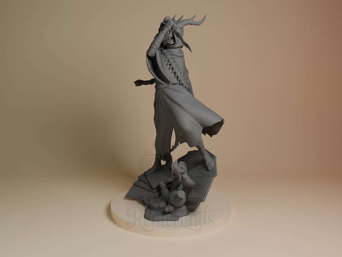Angled view of Silent from Slay the Spire, unpainted resin figure with hood and base.