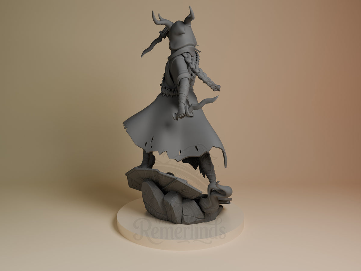 Rear three-quarter view of Silent from Slay the Spire, an unpainted resin figure on a sculpted base.