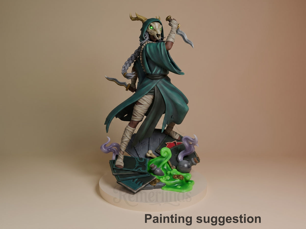 Painted Silent from Slay the Spire resin figure raises one dagger, with another at the side, on a sculpted base.
