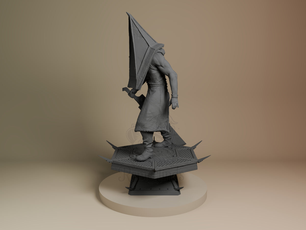 Pyramid Head resin figure from Silent Hill shown at angle, unpainted gray, wielding large blade, standing on spiked platform base.