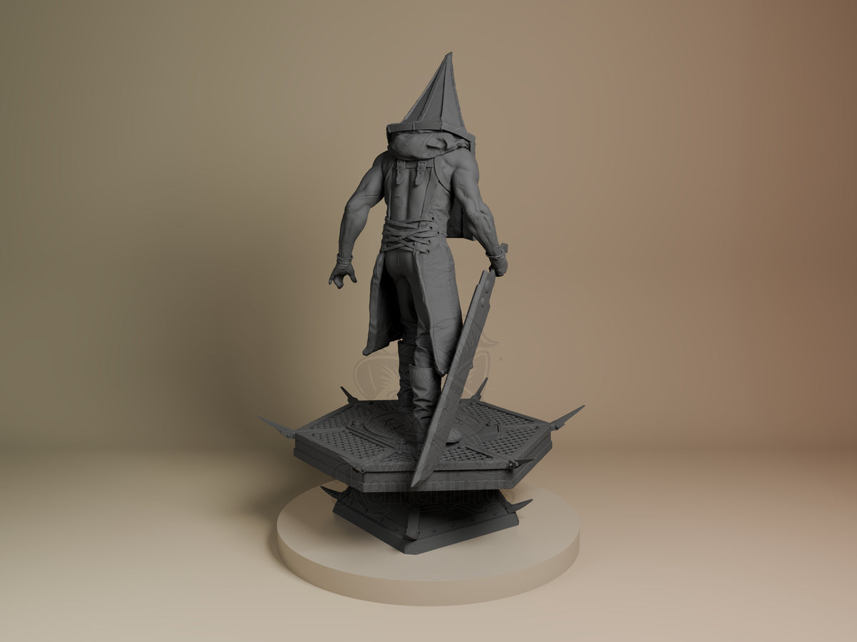 Pyramid Head resin figure from Silent Hill shown from behind, standing on spiked base, holding sword, unpainted gray finish, conical helmet visible.