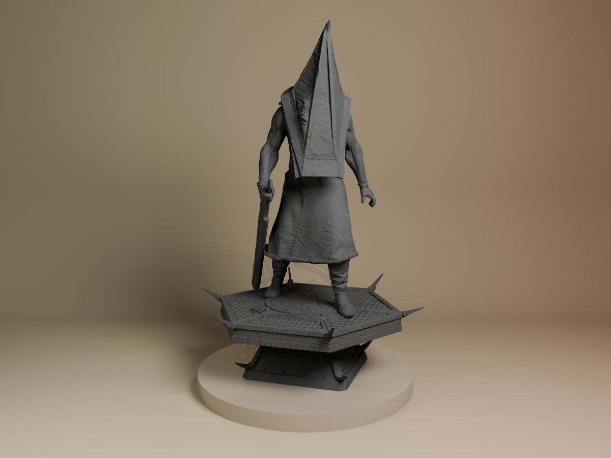 Pyramid Head resin figure from Silent Hill standing on spiked base, front view, unpainted gray resin with detailed clothing and weapon sculpting.