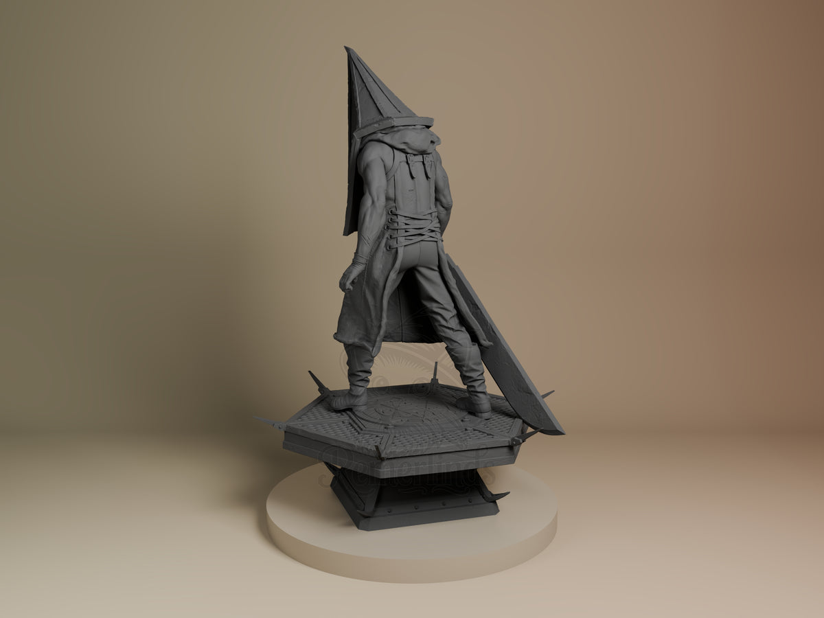 Pyramid Head resin figure from Silent Hill shown from left side, standing pose on hexagonal base, unpainted gray resin with detailed costume and iconic pyramid helmet.
