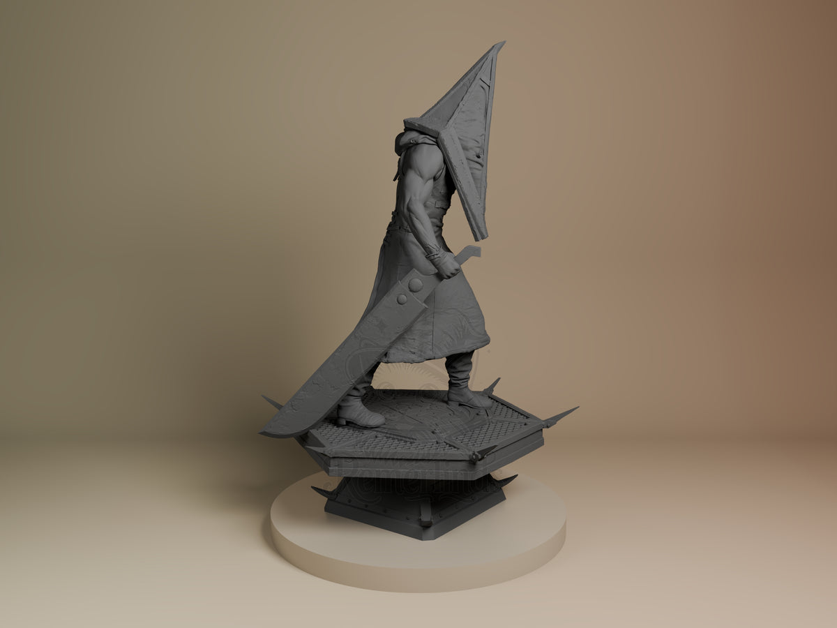 Pyramid Head resin figure from Silent Hill shown from the right side, unpainted gray, standing on a multi-tiered dark base with angular platform details.