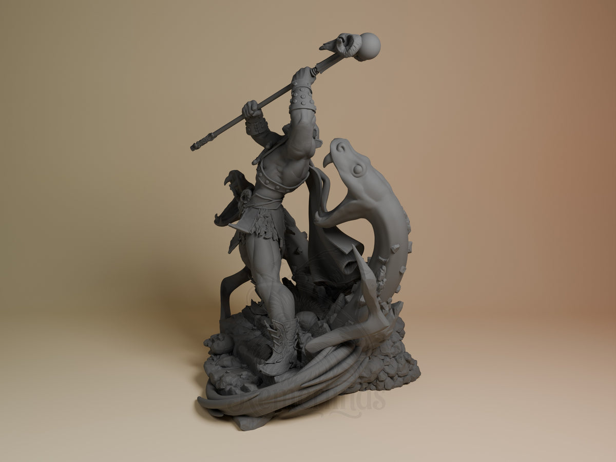 Bone Lord resin figure from He-Man shown at angled view, unpainted gray, wielding staff with orb, mounted on detailed base with skeletal elements.