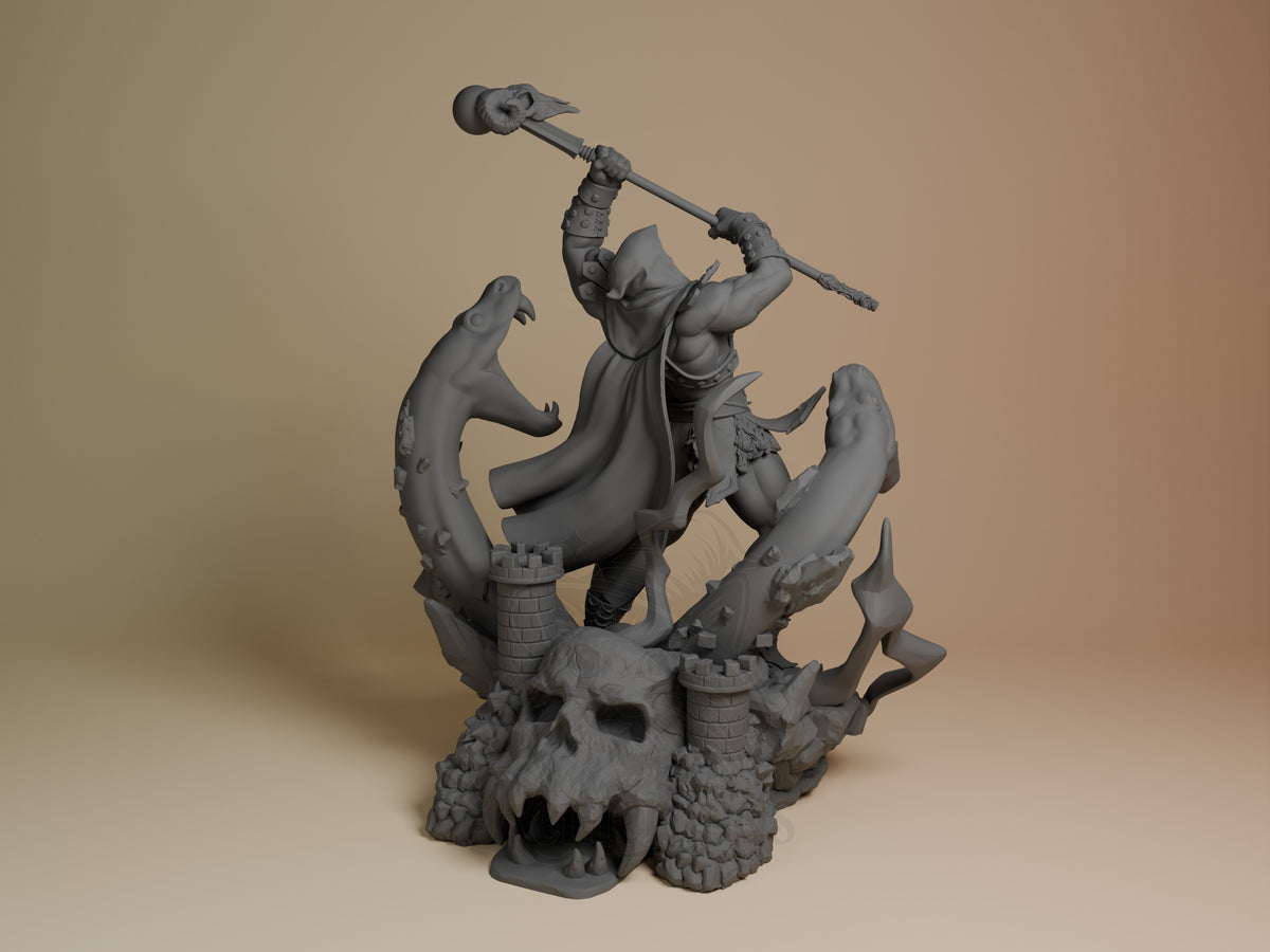 Bone Lord resin figure from He-Man shown from back, wielding axe above crocodile-mounted base with surrounding creatures, unpainted gray.