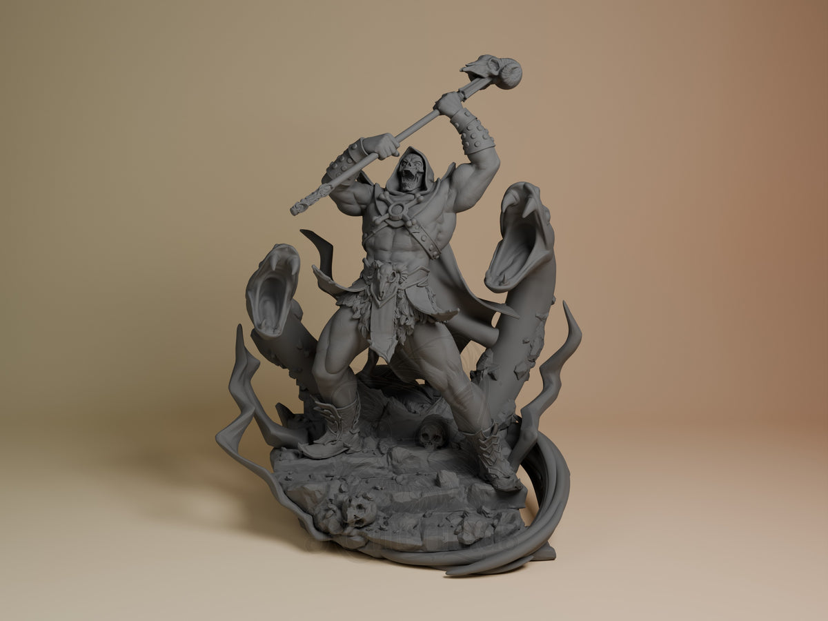 Bone Lord resin figure from He-Man, unpainted gray, wielding axe overhead while riding skeletal beast, detailed base with curved spikes, front view.