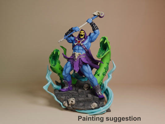 Painted Bone Lord from He-Man resin figure raises a skull staff over a sculpted base.