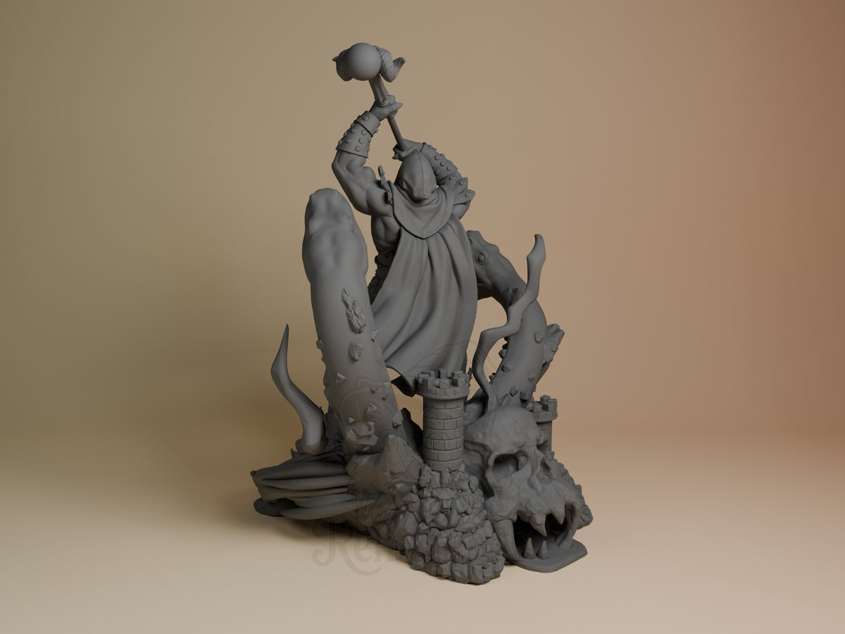 Bone Lord resin figure from He-Man shown from left angle, unpainted gray, wielding staff aloft atop skeletal base with tower and creature elements.