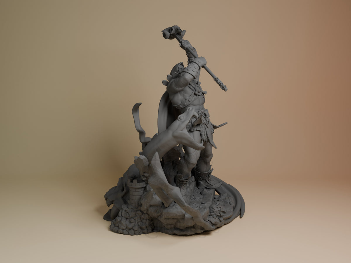 Bone Lord resin figure from He-Man, unpainted gray polymer, shown from right angle striking upright pose with raised arm, detailed base with architectural elements.