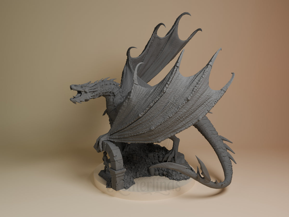 Smaug from The Hobbit is an unpainted resin figure in profile, wings spread on a sculpted base.