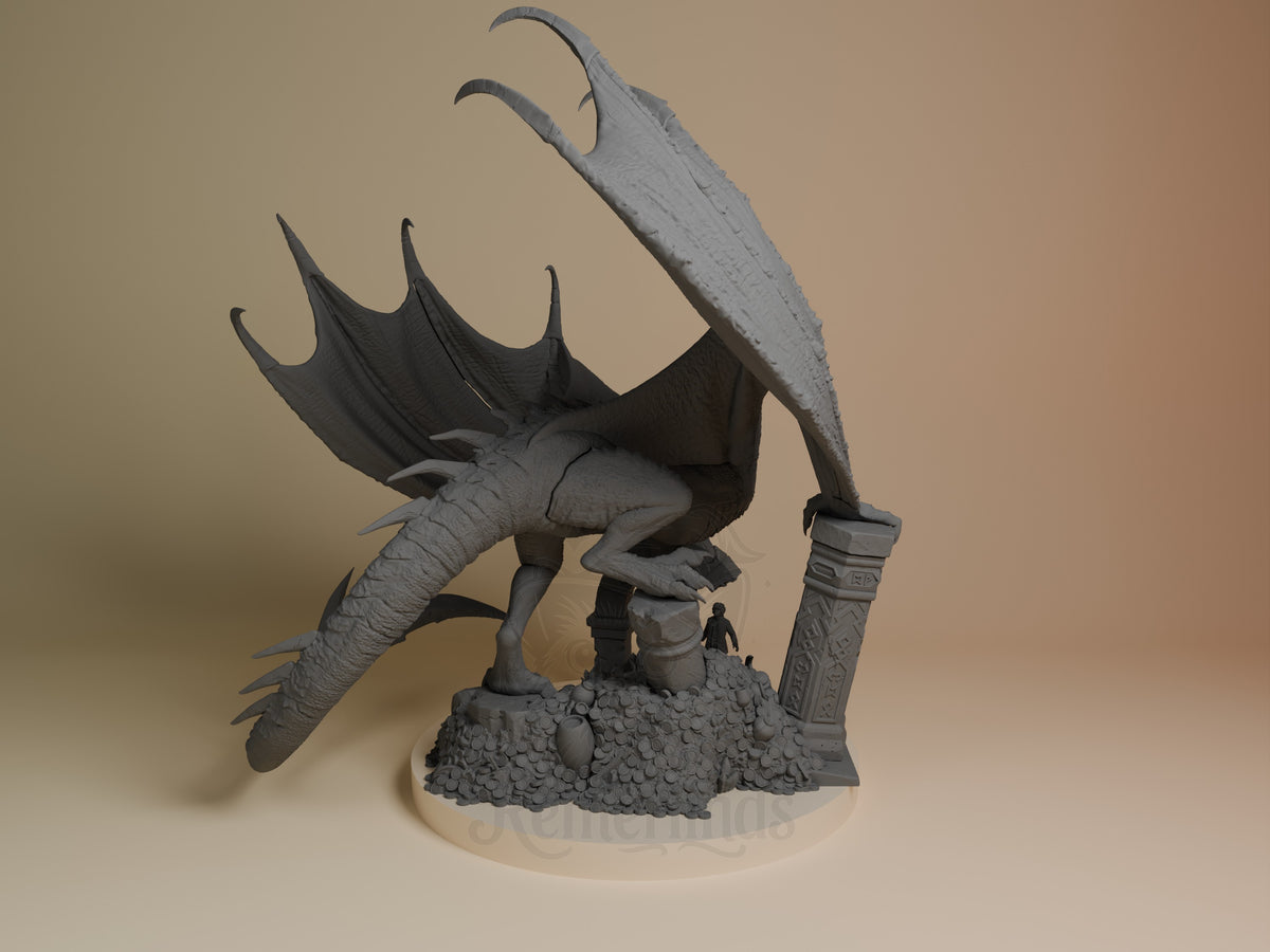 Back view of Smaug from The Hobbit, an unpainted resin figure with wings on a sculpted treasure base.