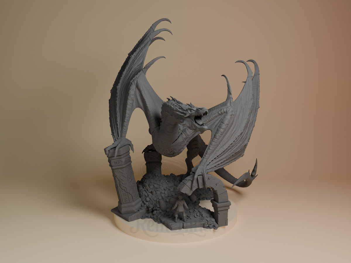 Front view of Smaug from The Hobbit, an unpainted resin figure with wings spread on a treasure base.