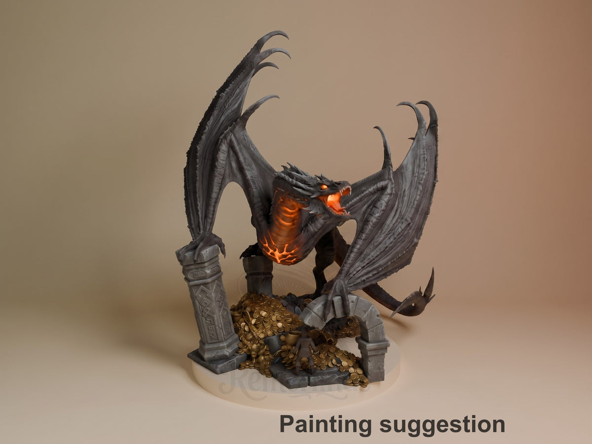 Painted Smaug from The Hobbit resin figure crouches with wings raised on a sculpted base.