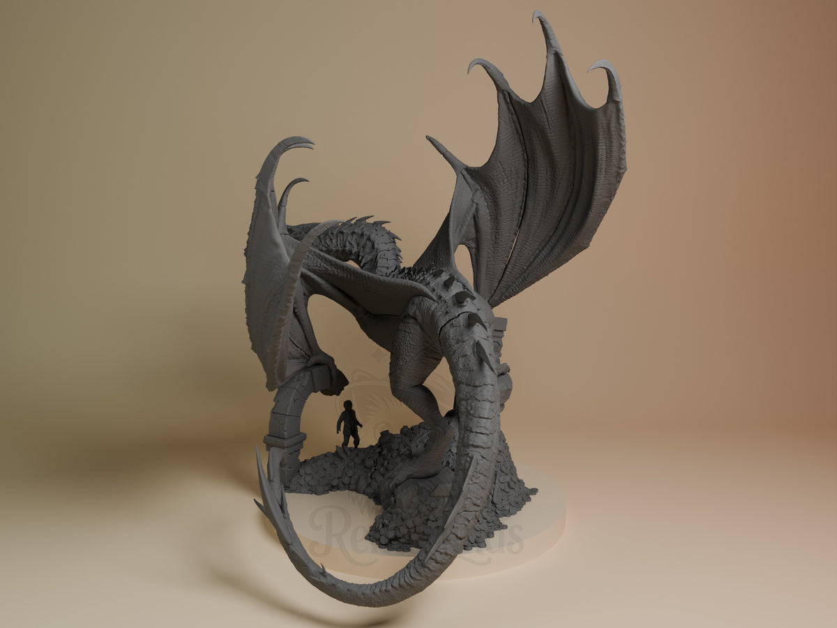 Smaug from The Hobbit is an unpainted resin figure in a flying pose above a sculpted coin base.