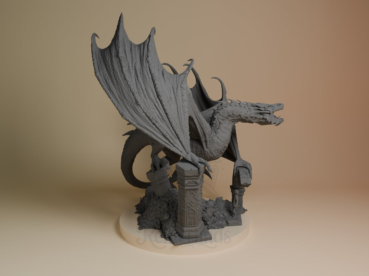 Smaug from The Hobbit, an unpainted resin figure, faces right with spread wings over a sculpted base.