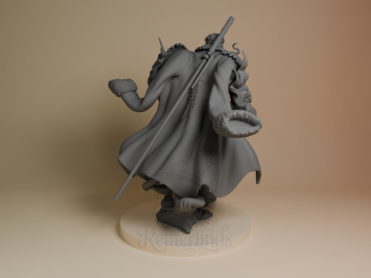Back view of Smoker from One Piece, an unpainted resin figure with coat, staff, and sculpted base.